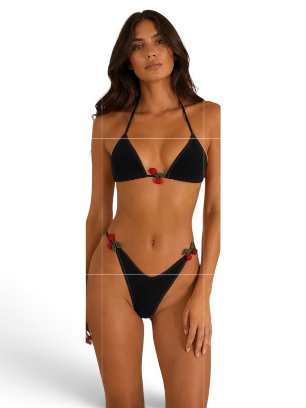 Hunza G Black Triangle Bikini with Red Cherry Appliqués Black OS